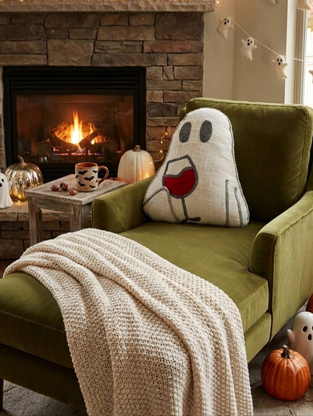 Martha Stewart White Ghost Decorative Pillow with Red Wine Design